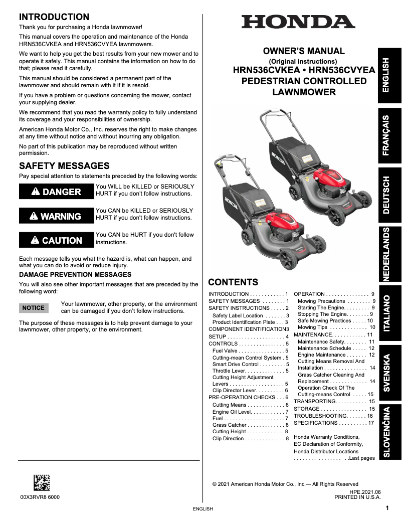 Page 1 de la notice Manuel utilisateur Honda HRN 536C VK