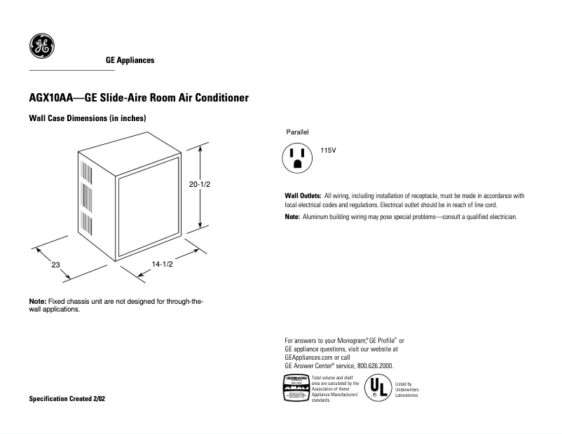 Page 1 de la notice Fiche technique GE AGX10AA