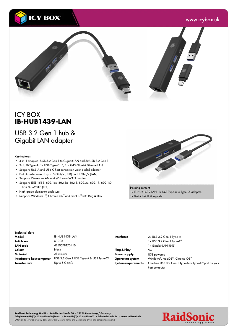 Página 1 del manual Ficha técnica Icy Box IB-HUB1439-LAN