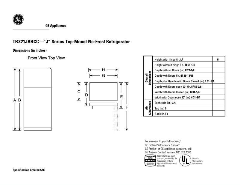 Page 1 de la notice Fiche technique GE TBX21JABCC