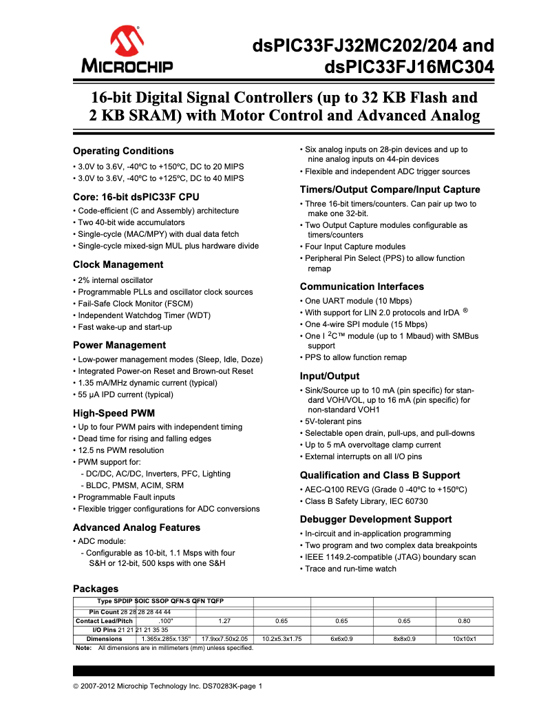 Página 1 del manual Ficha técnica Microchip dsPIC33FJ32MC204