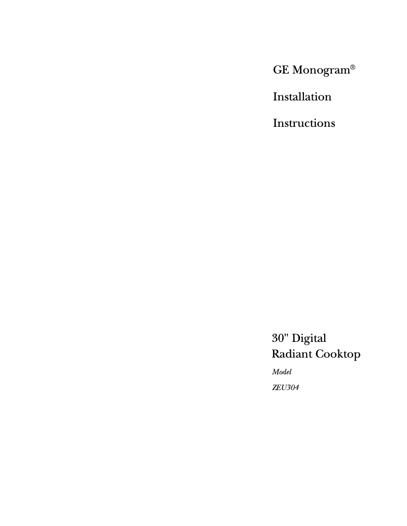 Page 1 of the manual Installation Guide GE ZEU304ABG