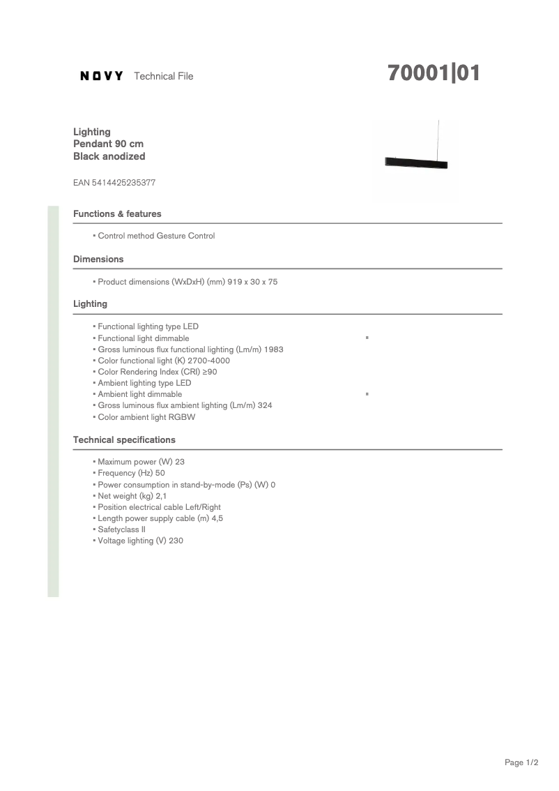 Page 1 de la notice Fiche technique Novy Pendant 70001