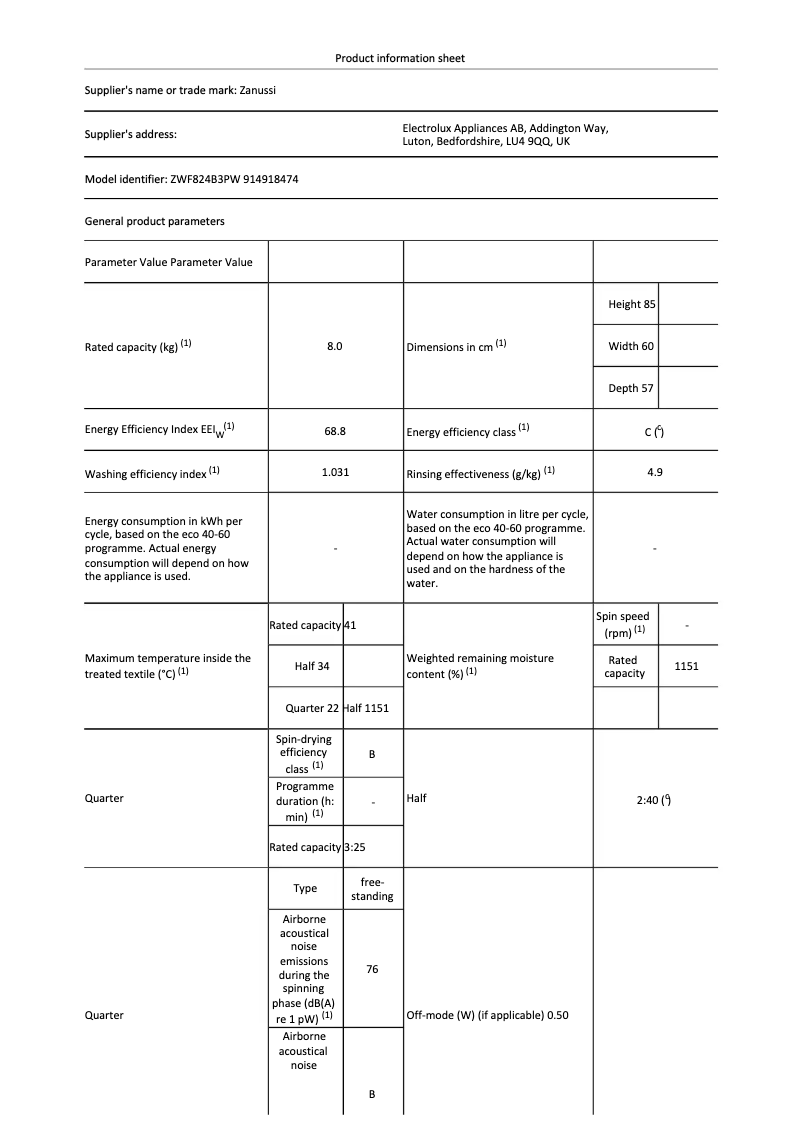 Image de la première page du manuel de l'appareil ZWF824B3PW