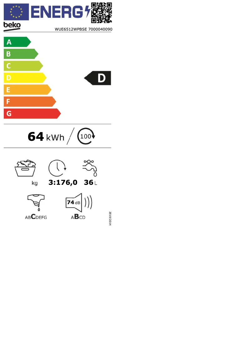 Page 1 de la notice Manuel utilisateur Beko WUE6512WPBSE