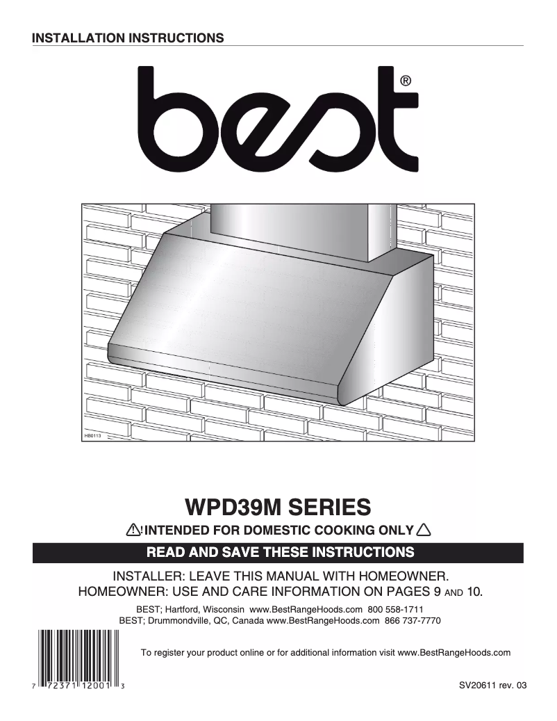 Page n°1 - Guide d'installation Best WPD39M60SB