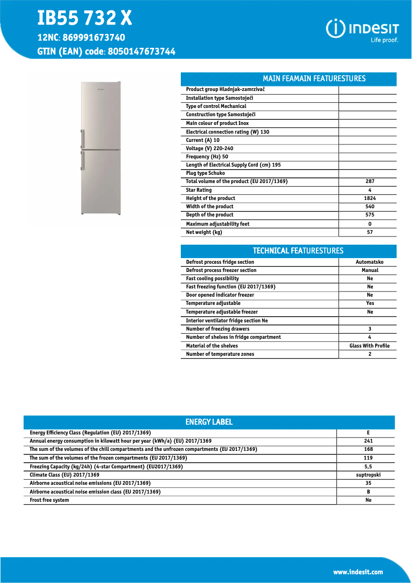 Page n°1 - Fiche technique Indesit IB55 732 X