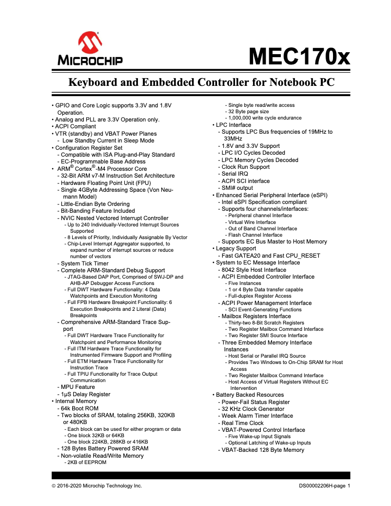 Page 1 de la notice Fiche technique Microchip MEC1703