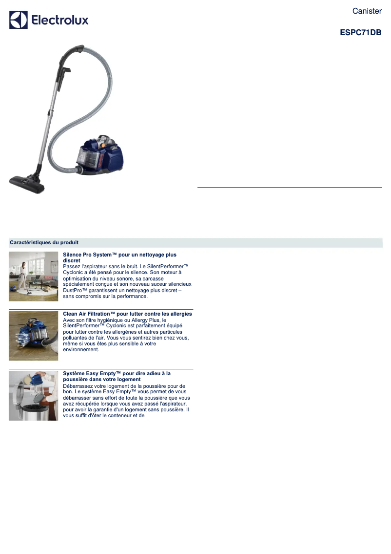 Page 1 de la notice Fiche technique Electrolux ESPC71DB