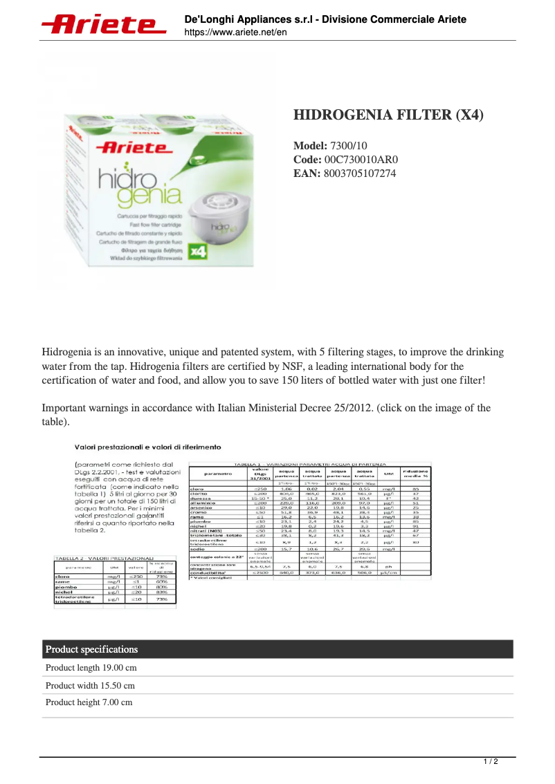 Page 1 de la notice Manuel utilisateur Ariete Filtro Hidrogenia 7300