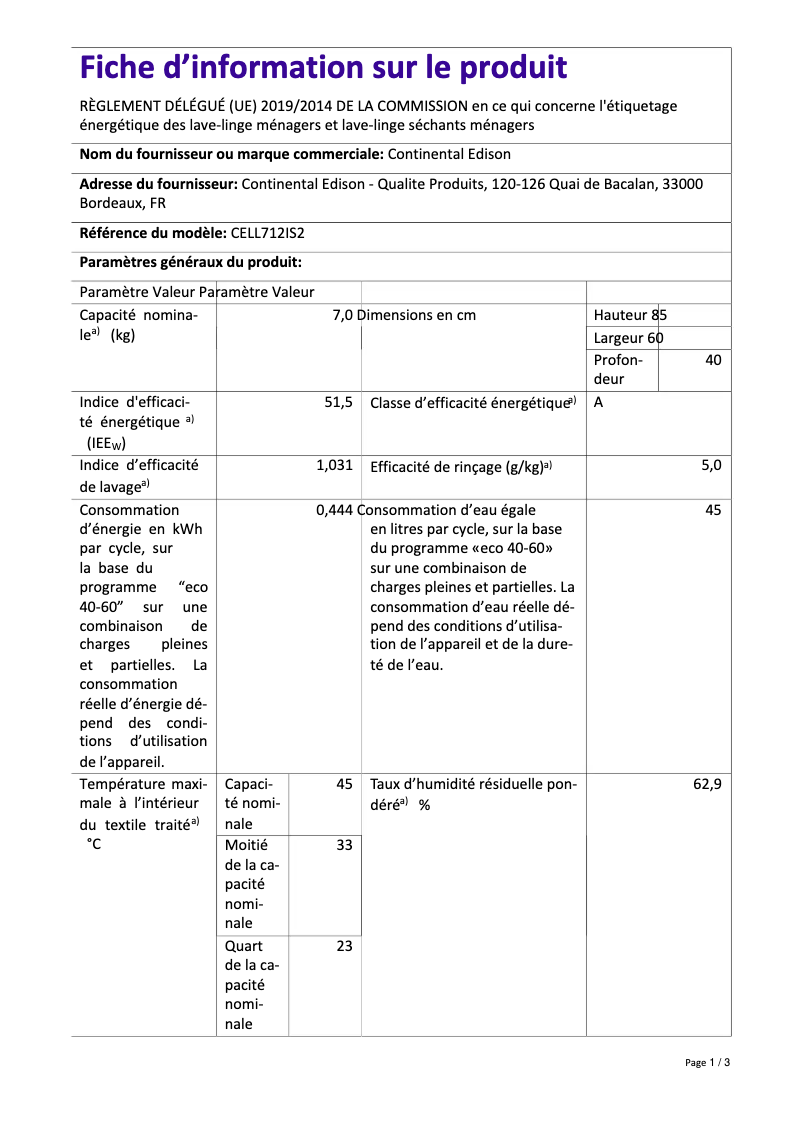 Page n°1 - Label énergétique Continental Edison CELL712IS2