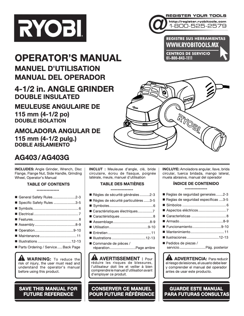 Page 1 de la notice Manuel utilisateur RYOBI AG403G