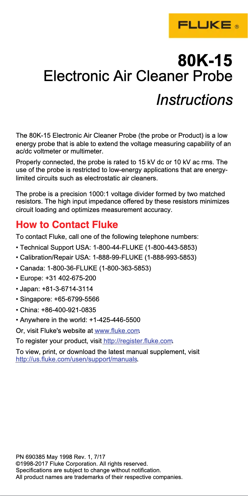 Page n°1 - Instructions / montage Fluke 80K-6