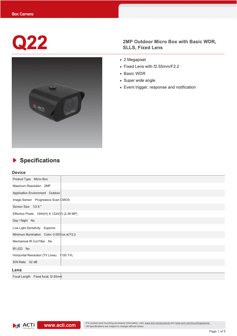 Página 1 del manual Ficha técnica ACTi Q22
