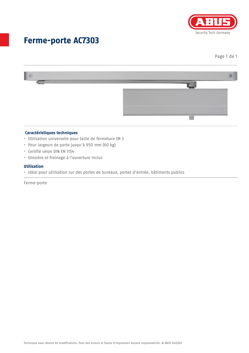 Page 1 de la notice Fiche technique Abus AC7303