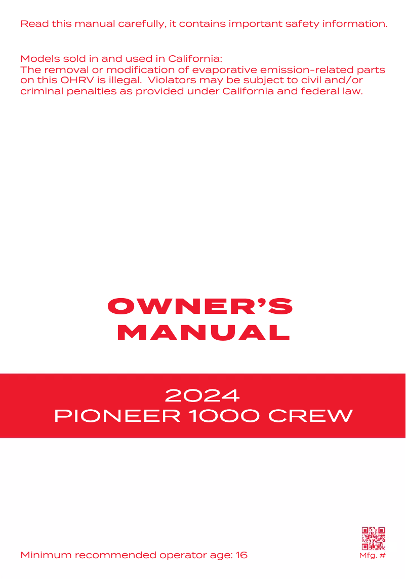 Image de la première page du manuel de l'appareil Pioneer 1000 Crew (2024)