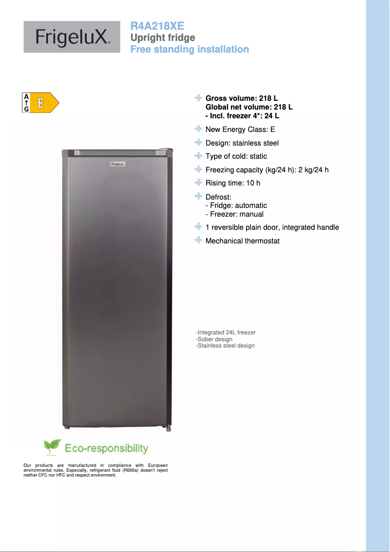 Página 1 del manual Ficha técnica FrigeluX R4A218XE