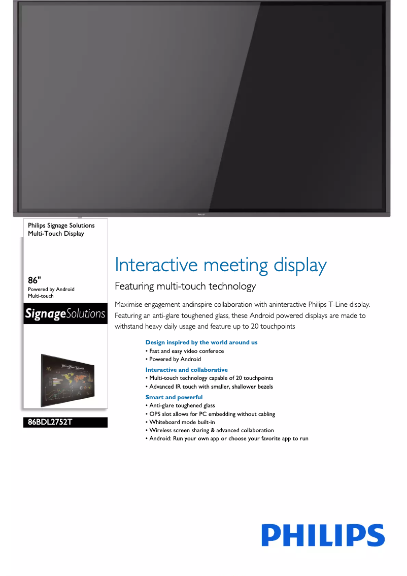 Página 1 del manual Ficha técnica Philips 86BDL2752T