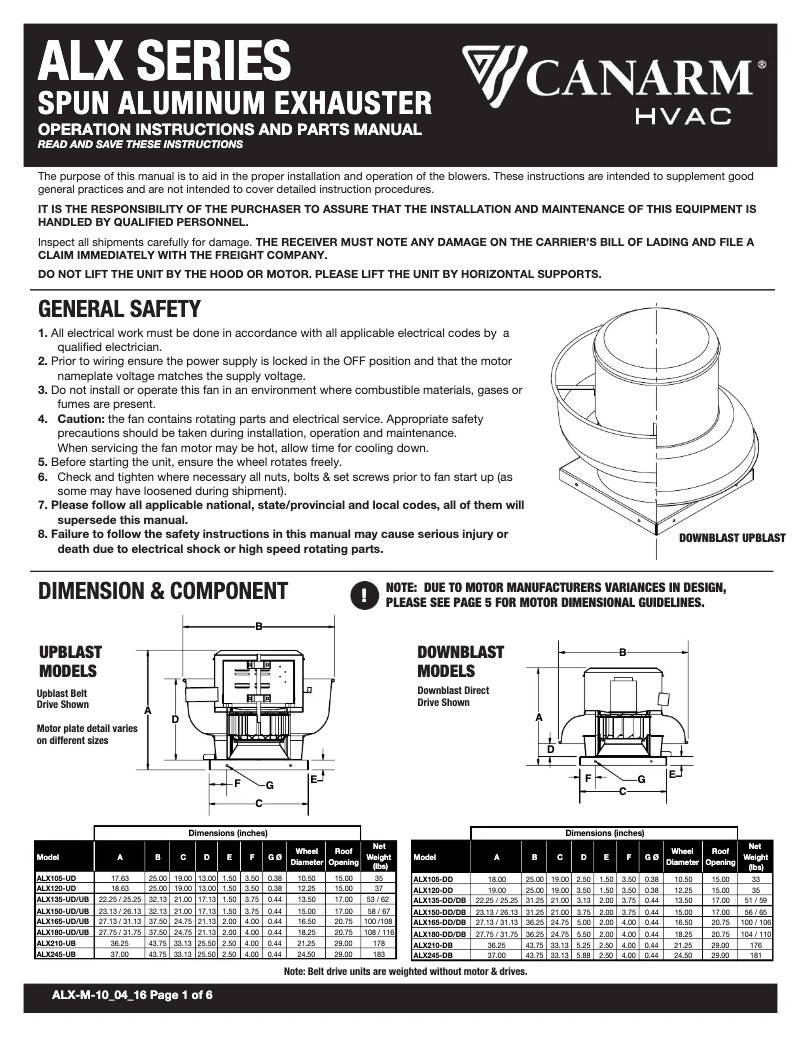 Page 1 de la notice Manuel utilisateur Canarm ALX120-UD050EC
