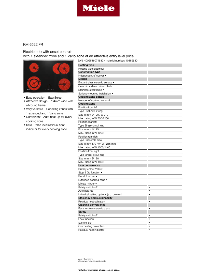Page 1 de la notice Fiche technique Miele KM 6522 FR
