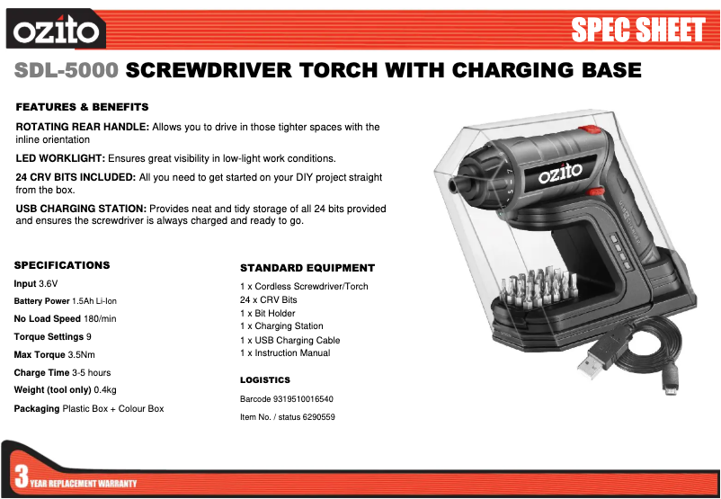 Página 1 del manual Ficha técnica Ozito SDL-5000