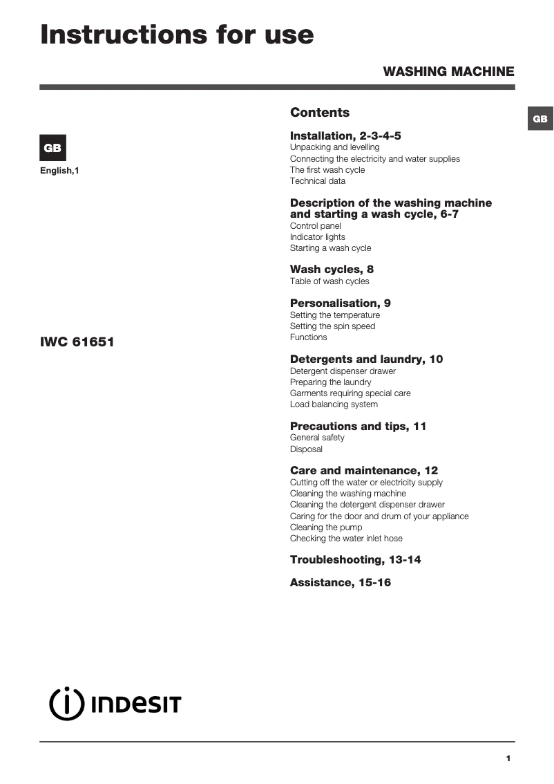 Page 1 de la notice Manuel utilisateur Indesit IWC 61651