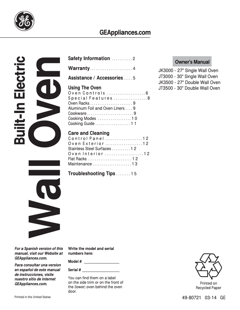 Page 1 de la notice Mode d'emploi GE JT3500DFWW