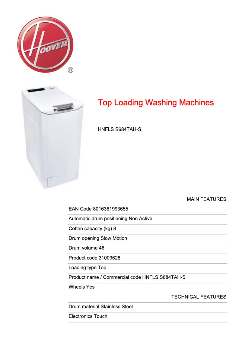 Page 1 de la notice Fiche technique Hoover HNFLS S684TAH-S
