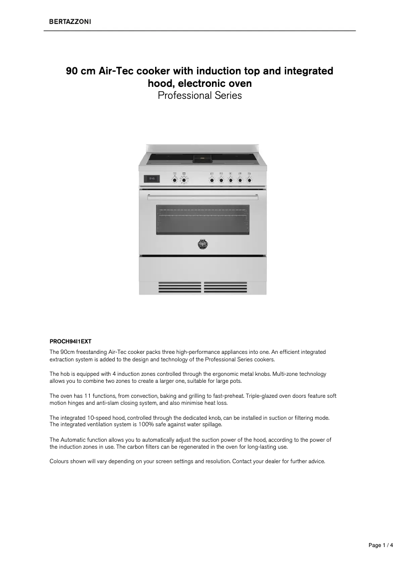 Page 1 de la notice Fiche technique Bertazzoni PROCH94I1EXT
