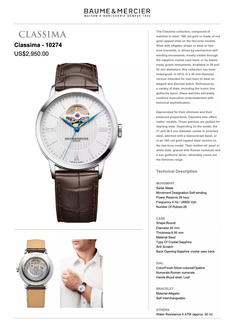 Page n°1 - Manuel utilisateur Baume & Mercier Classima 10274