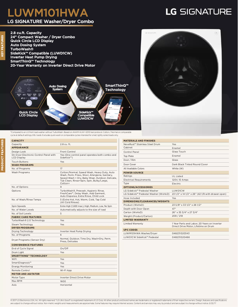 Page 1 de la notice Fiche technique LG Signature LUWM101HWA