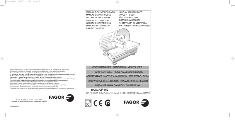 Page 1 de la notice Manuel utilisateur Fagor CF-150
