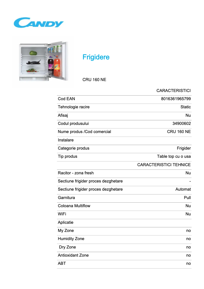 Page 1 de la notice Fiche technique Candy CRU 160 NE