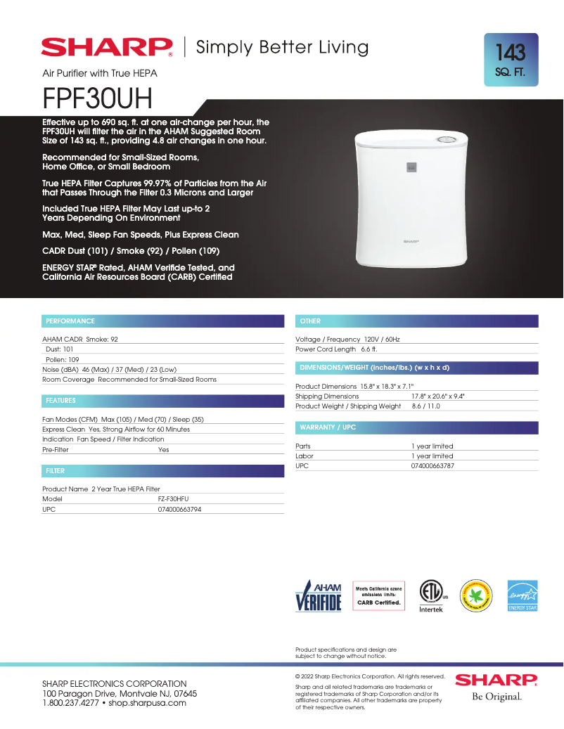 Page 1 de la notice Fiche technique Sharp FPF30UH