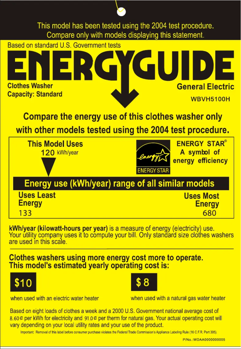 Page n°1 - Label énergétique GE WBVH5100HWW