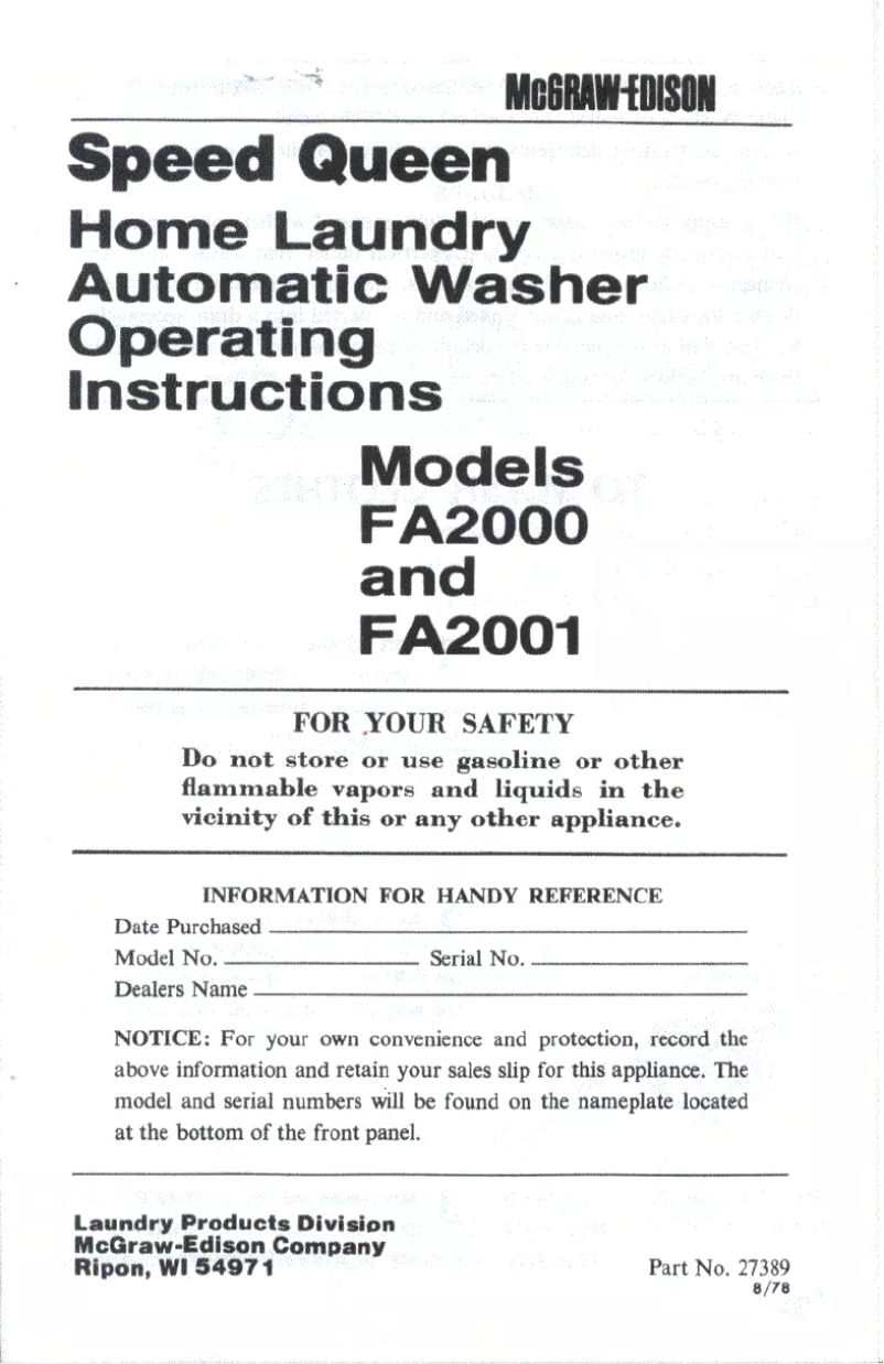 Page n°1 - Manuel utilisateur Speed Queen FA2000