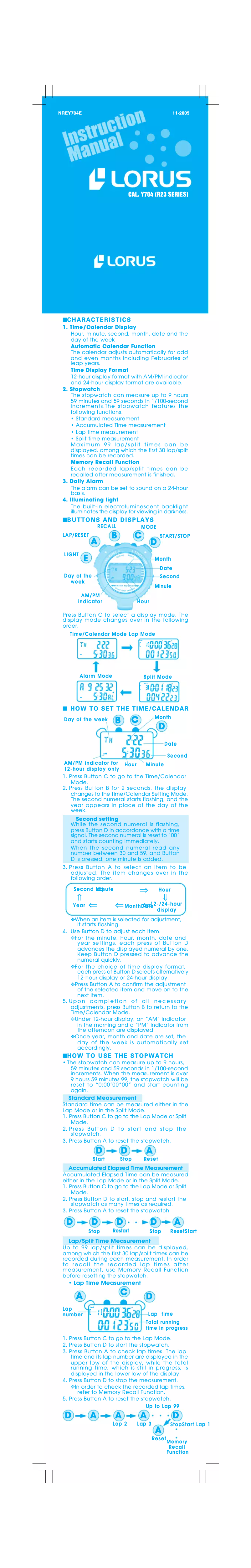 Page n°1 - Manuel utilisateur Lorus Y704E