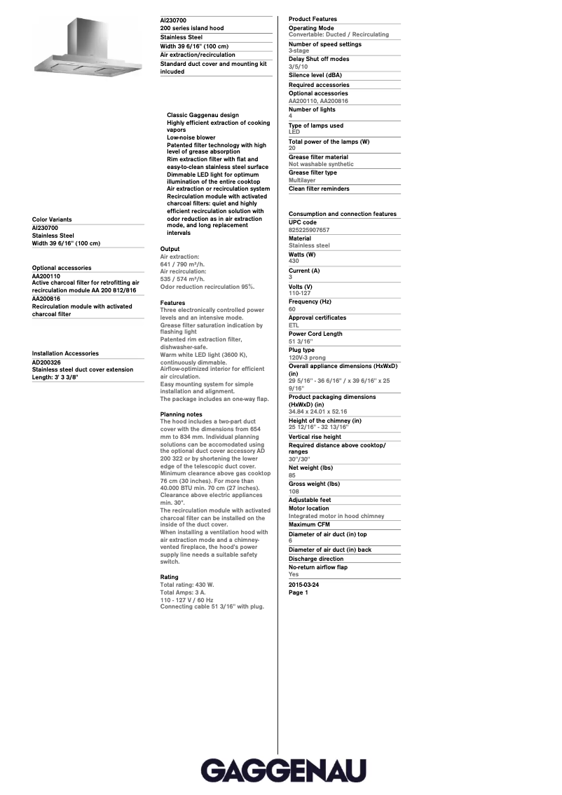 Page 1 de la notice Fiche technique Gaggenau AI230700