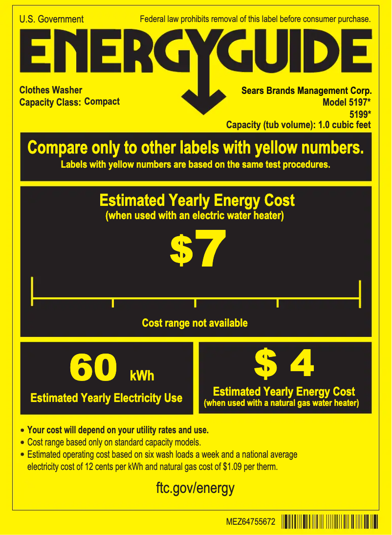 Page 1 de la notice Label énergétique Kenmore 51992