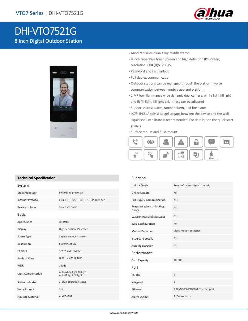 Page 1 de la notice Fiche technique Dahua Technology VTO7521G