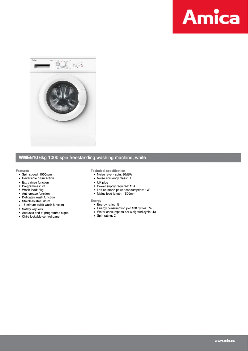 Página 1 del manual Ficha técnica Amica WME610