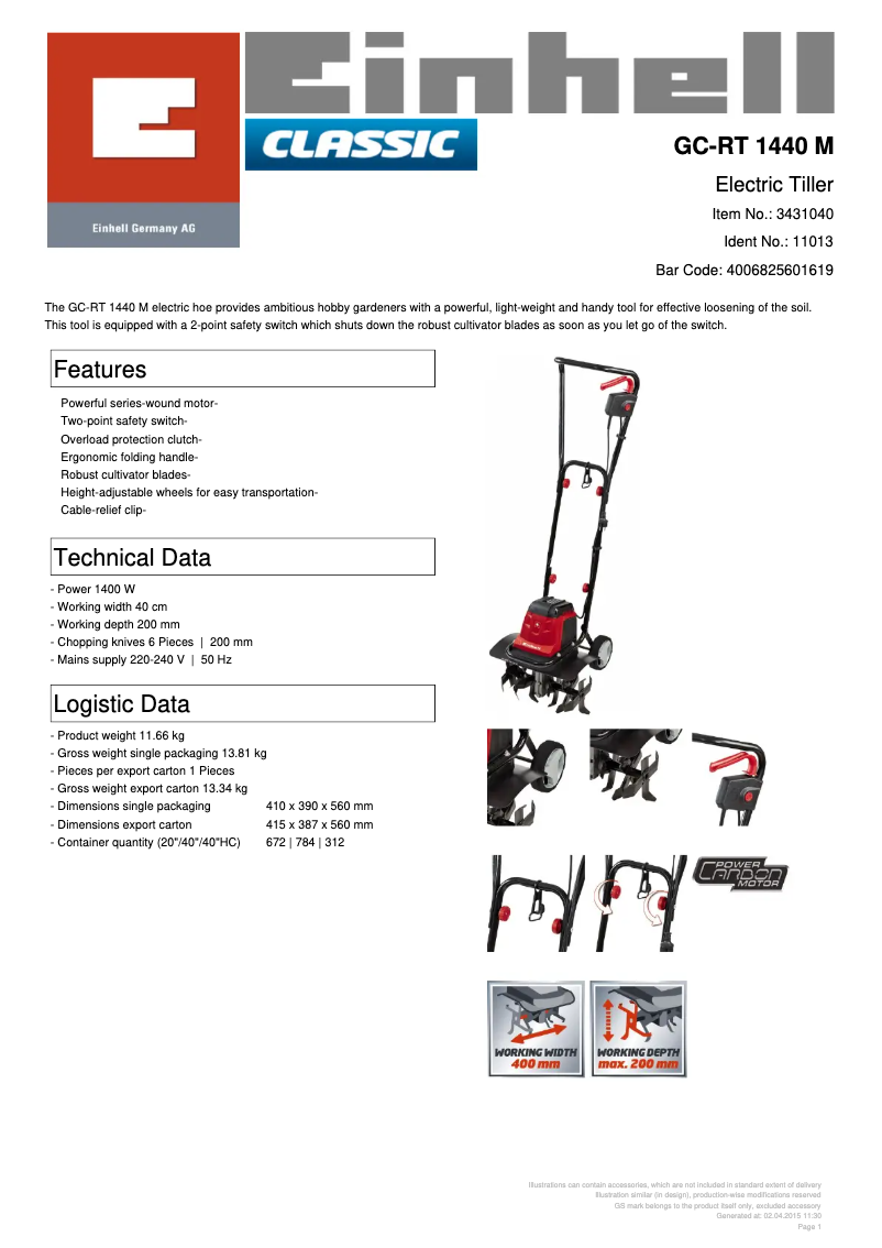 Page 1 de la notice Fiche technique Einhell GC-RT 1440 M