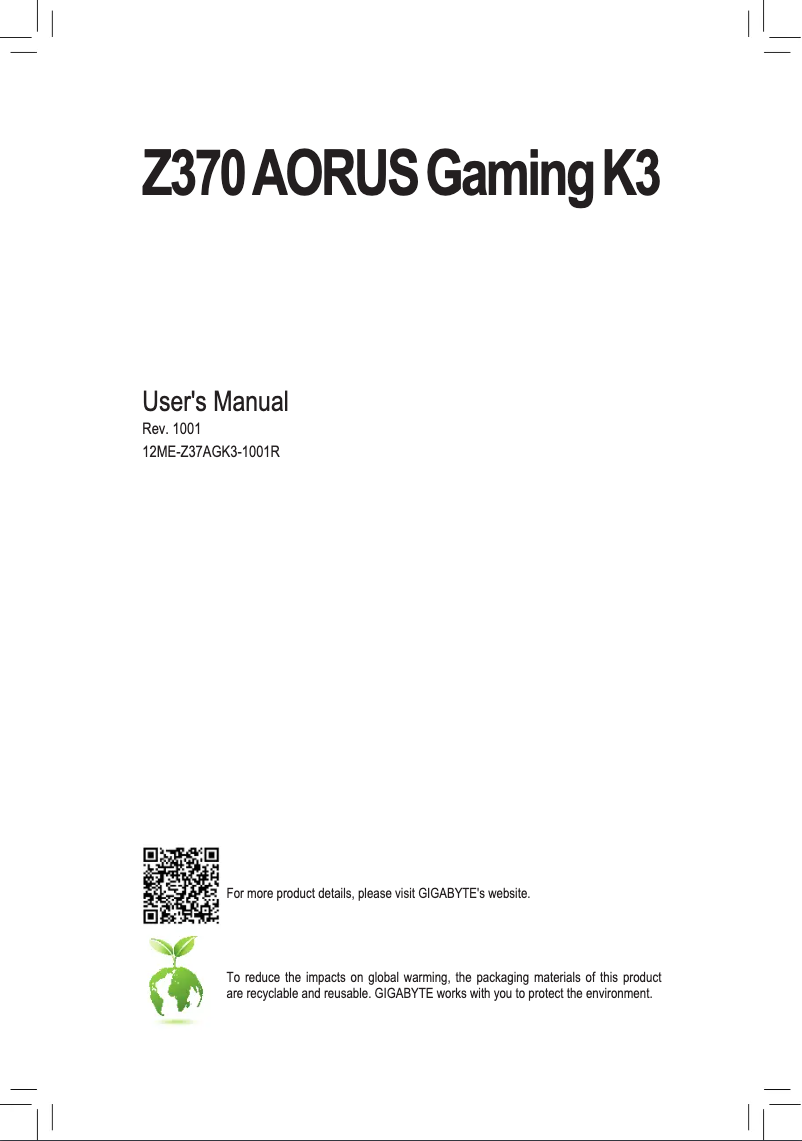 Page 1 de la notice Manuel utilisateur Gigabyte Z370 Aorus Gaming K3