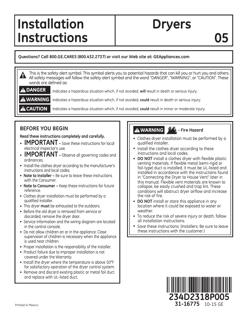 Page 1 de la notice Guide d'installation GE GTD33EASKWW