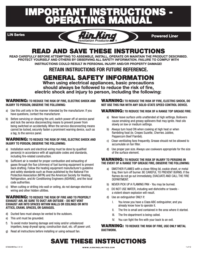 Page 1 de la notice Guide d'installation Air King LIN46md-1200