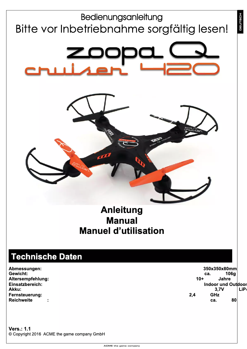 Page 1 de la notice Manuel utilisateur Acme Made zoopa Q420 Cruiser