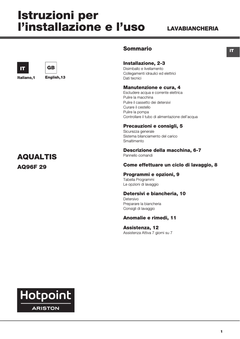 Image de la première page du manuel de l'appareil AQ96F 29 IT