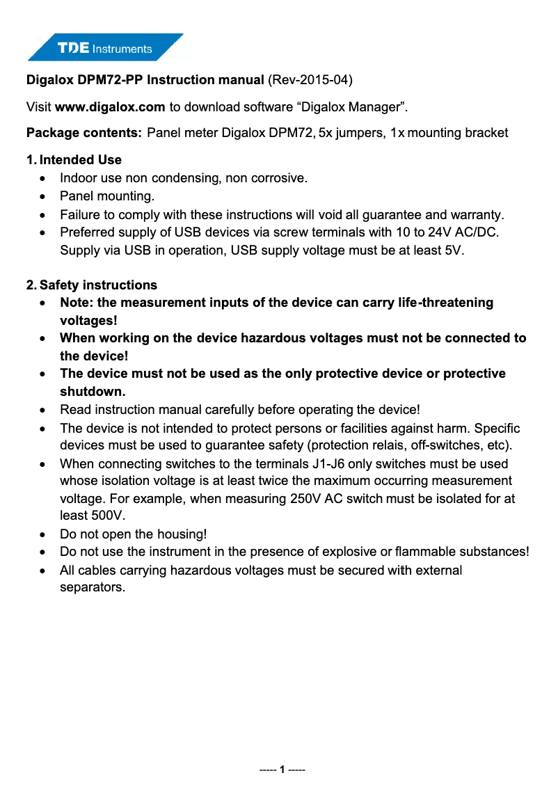 Image de la première page du manuel de l'appareil Digalox DPM72-PP