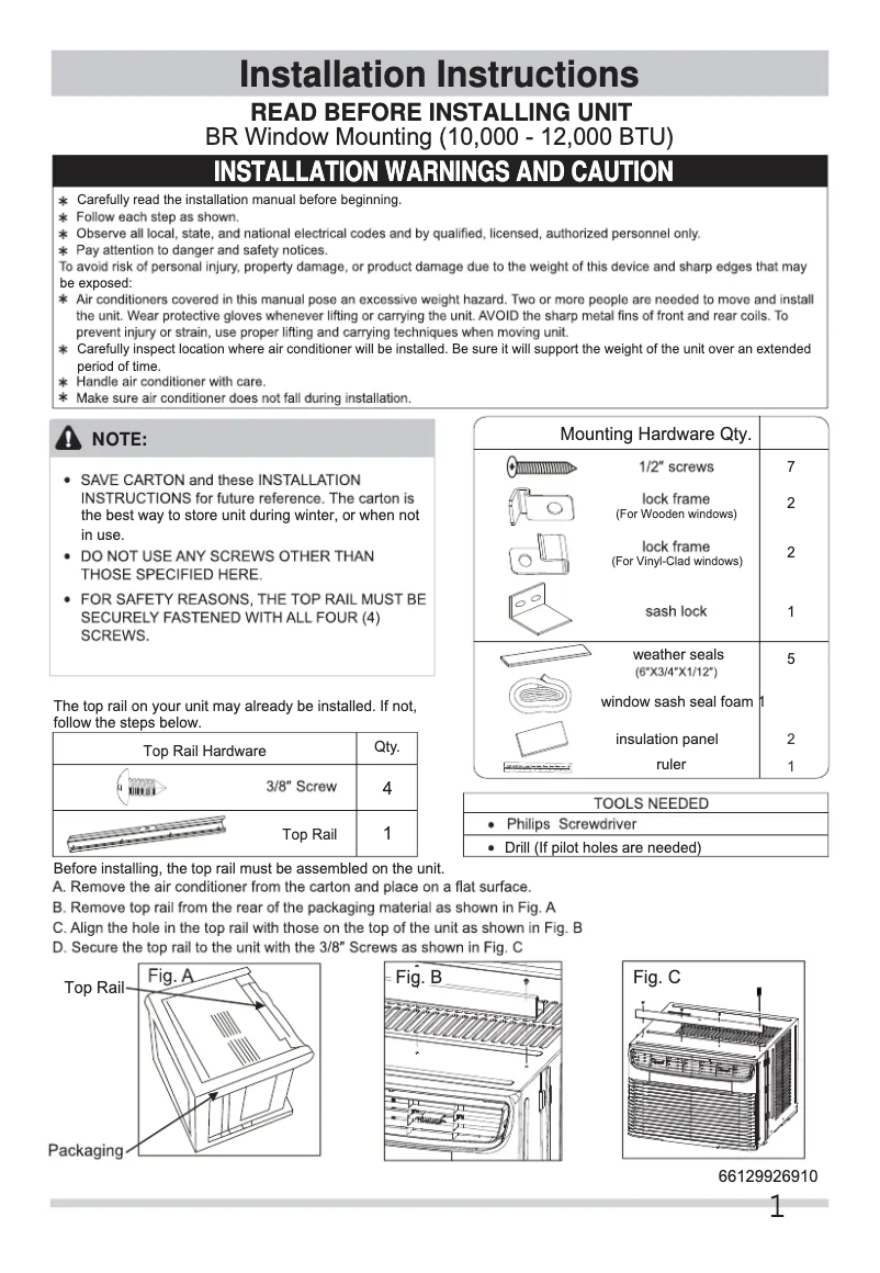 Page n°1 - Guide d'installation Frigidaire FFRE103ZA1