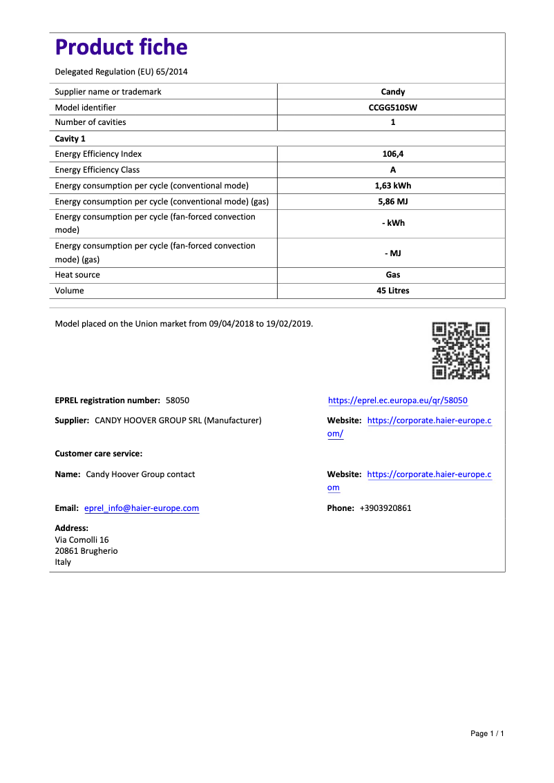 Page n°1 - Manuel utilisateur Candy CCGG510SW